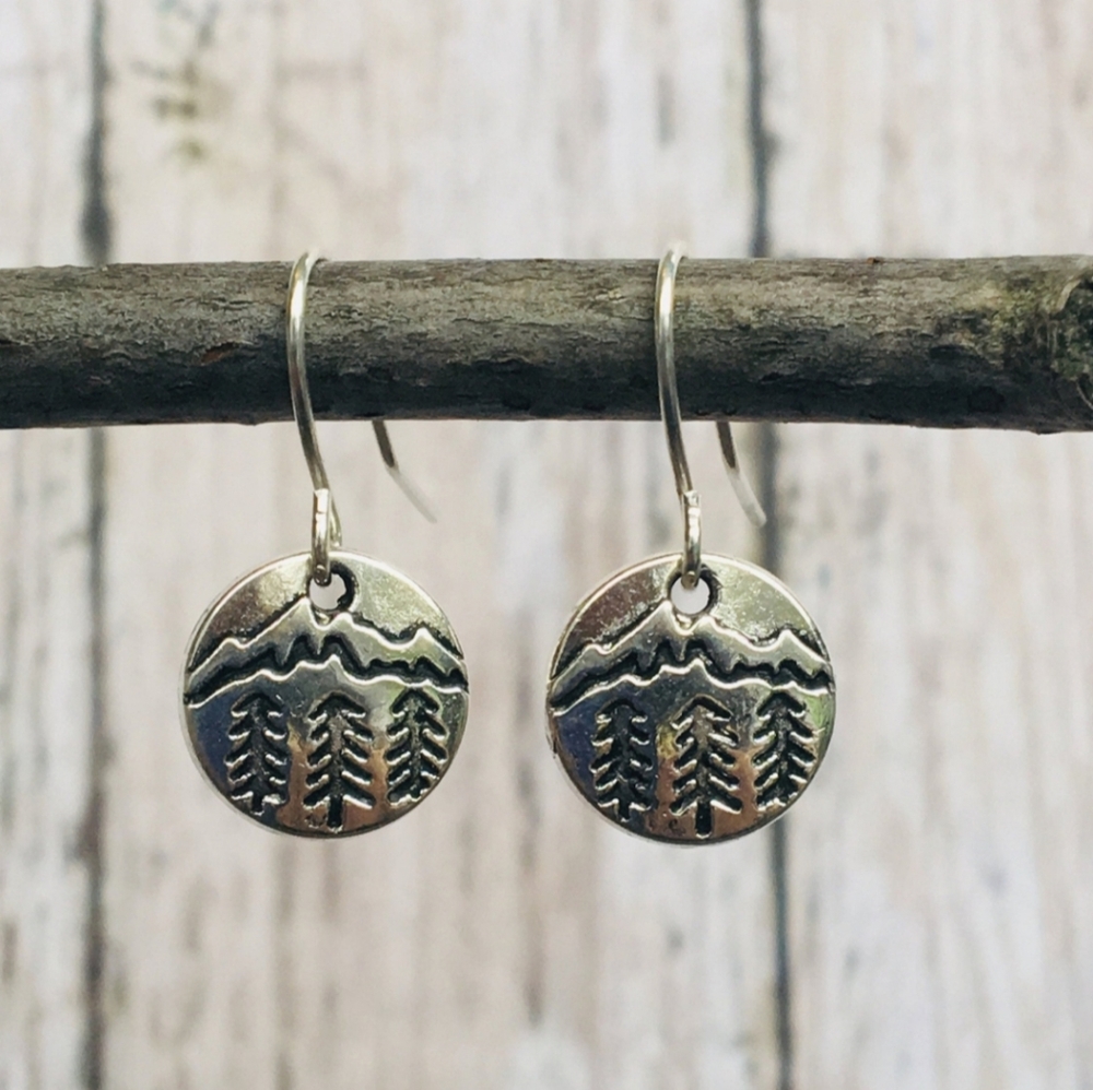 Sterling silver 925 forest dangle Earrings rustic pine tree earrings, mo…